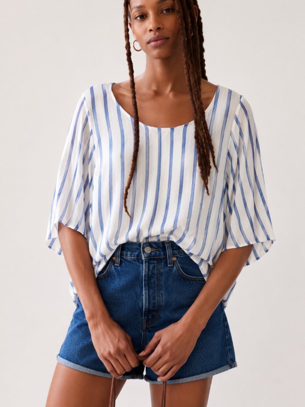 Anthropologie DREW Open Back Stripe Top White Natural Denim Small NWT